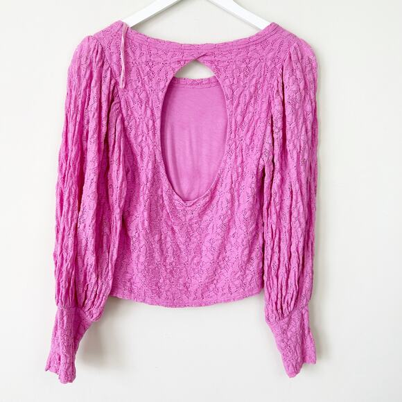 Free People Tea Time Top Pink Lace Size L Keyhole Coquette Plumeria Puff Sleeve - Picture 3 of 6